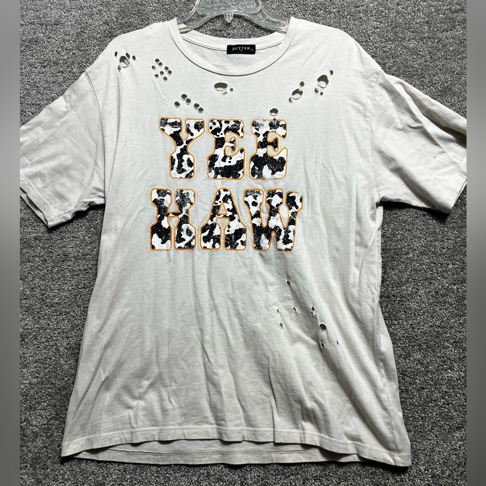 Zutter Woman’s distressed short sleeve tee shirt Yee Haw Size Small oversized